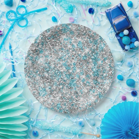 Aqua Silver Unicorn Glitzer Sparkle Pappteller (Party)