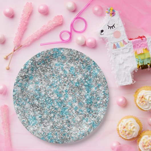 Aqua Silver Unicorn Glitzer Sparkle Pappteller (Party)
