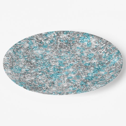 Aqua Silver Unicorn Glitzer Sparkle Pappteller (Schrägansicht)
