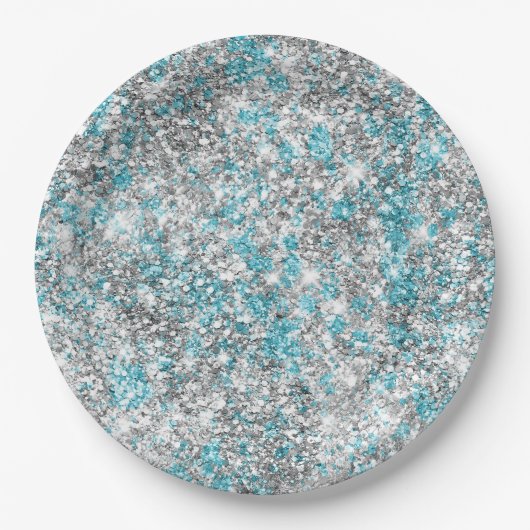 Aqua Silver Unicorn Glitzer Sparkle Pappteller (Vorderseite)