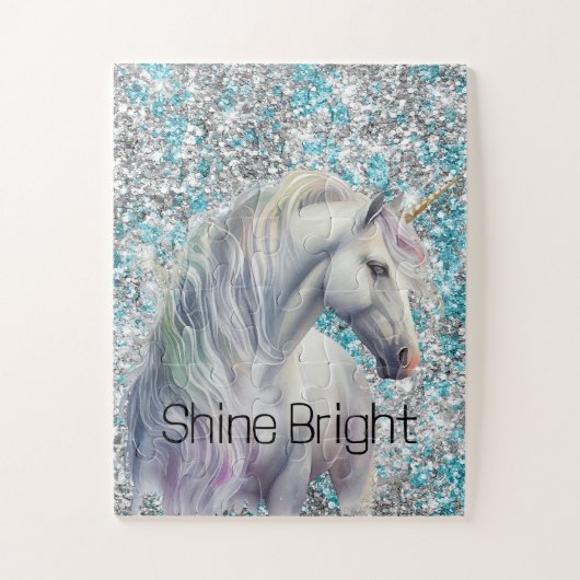 Aqua Silver Unicorn Glitzer Sparkle Puzzle (Vertikal)