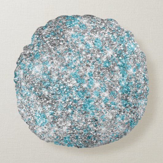 Aqua Silver Unicorn Glitzer Sparkle Rundes Kissen (Vorderseite)