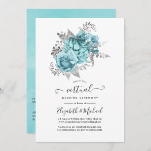 Aqua & Silver Vintage Shabby-Rose Virtual Wedding Einladung