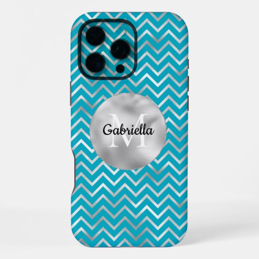 Aqua Silver Zigzag Streifen Monogram iPhone Hülle (Rückseite)
