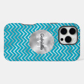 Aqua Silver Zigzag Streifen Monogram iPhone Hülle (Rückseite (Horizontal))