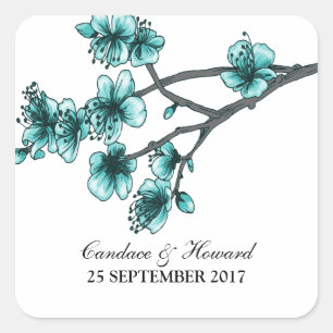 Aqua Simple Cherry Blossoms Hochzeitskleber Quadratischer Aufkleber