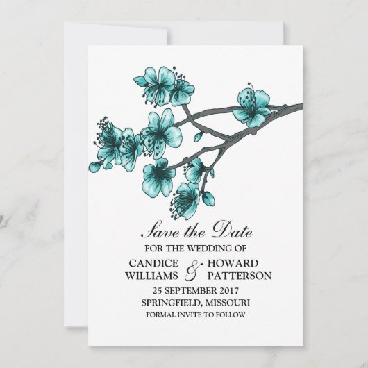 Aqua Simple Cherry Blossoms laden Save the Date ei (Vorderseite)