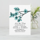 Aqua Simple Cherry Blossoms laden Save the Date ei (Stehend Vorderseite)