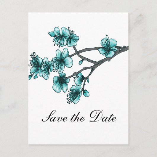 Aqua Simple Cherry Blüten Save the Date Ankündigungspostkarte (Vorderseite)