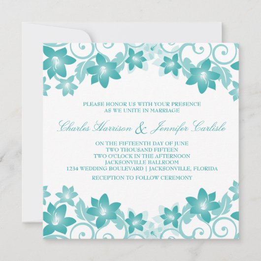 Aqua Simple Floral Wedding Einladung (Vorderseite)