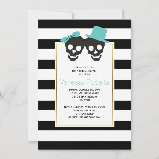 Aqua Skulls and stripes Hochzeitssemble Brautparty Einladung (Vorderseite)