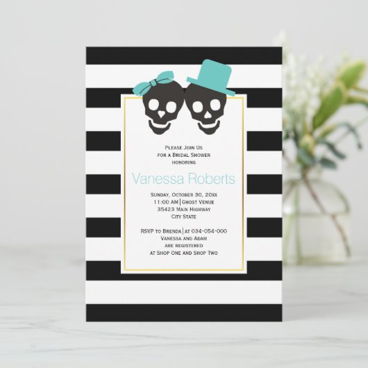 Aqua Skulls and stripes Hochzeitssemble Brautparty Einladung (Stehend Vorderseite)