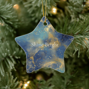 Aqua Sky Blue Gold Glitzy Confetti Sparkone Keramik Ornament