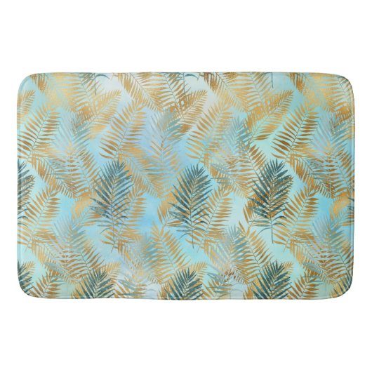 Aqua Sky Green Gold Tropical Blätter Badematte (Vorderseite)