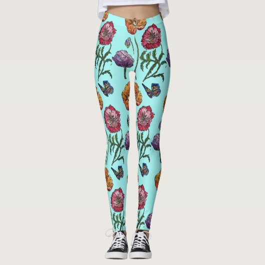 Aqua Small Poppy Floral Leggings (Vorderseite)
