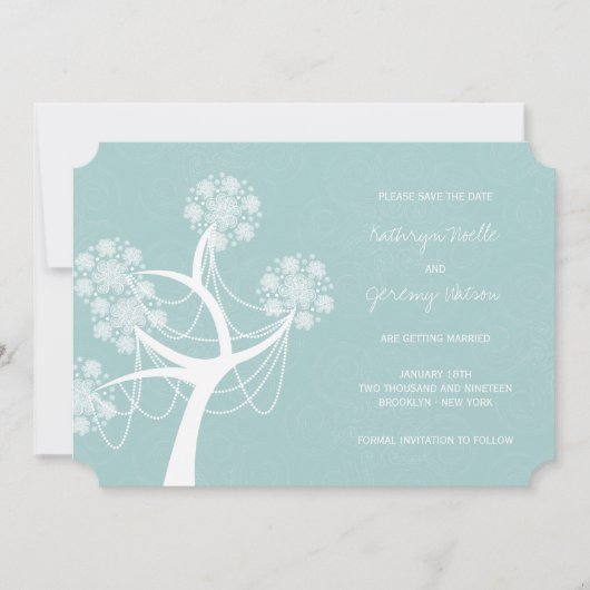 Aqua Snow Blume Tree Winter Wedding Save the Date Einladung (Vorderseite)