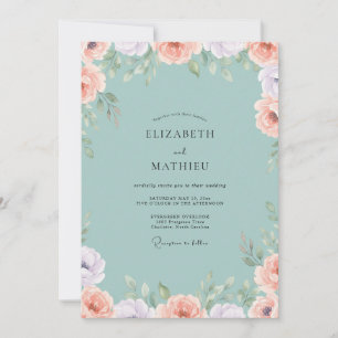 Aqua Soft Peach Pfingstrosen-Hochzeit Einladung