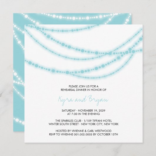 Aqua Sparkling Lights Hochzeit Probe Dinner Einladung (Vorne/Hinten)