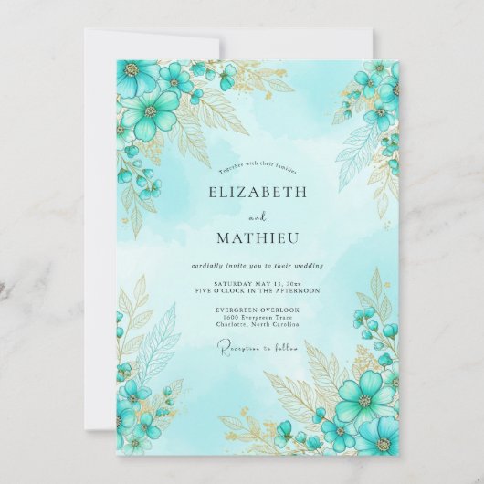 Aqua Splendid Aquarell-Hochzeit Einladung (Vorderseite)