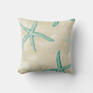 Aqua Starfish, Aquarell Beach Retro Vintager Sand Kissen