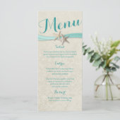 Aqua Starfish und Ribbon Beach Wedding Menu Menükarte (Stehend Vorderseite)
