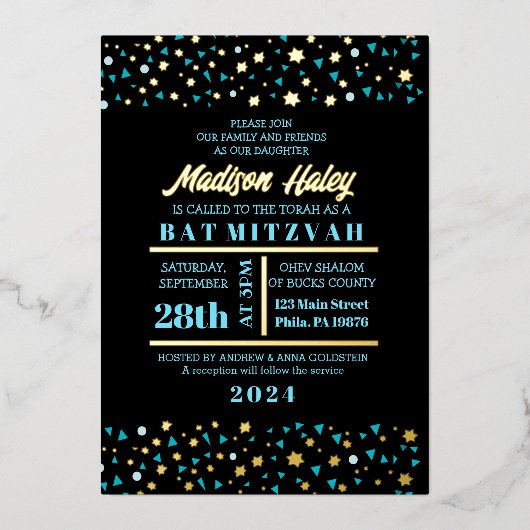 Aqua Stars Bar Bat Mitzvah Einladung Gold (Vorderseite)