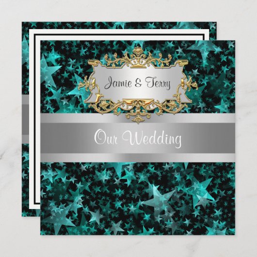 Aqua Stars Gray Ribbon Wedding Einladung (Vorne/Hinten)