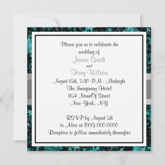 Aqua Stars Gray Ribbon Wedding Einladung (Rückseite)