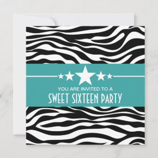 Aqua Stars Zebra Print Sweet 16 Einladung