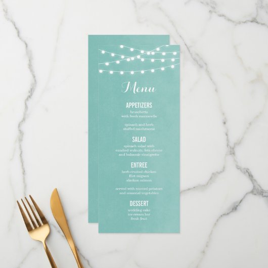 Aqua String Lights Wedding Menu Card Menükarte (Vorderseite/Rückseite Beispiel)