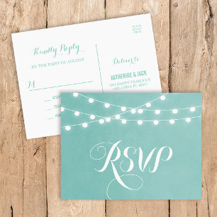 Aqua String Lights Wedding RSVP Postcard Einladungspostkarte