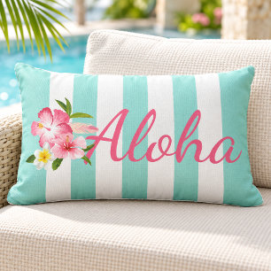 Aqua Stripe Aloha Hibiskus Tropisch Kissen Für Draußen
