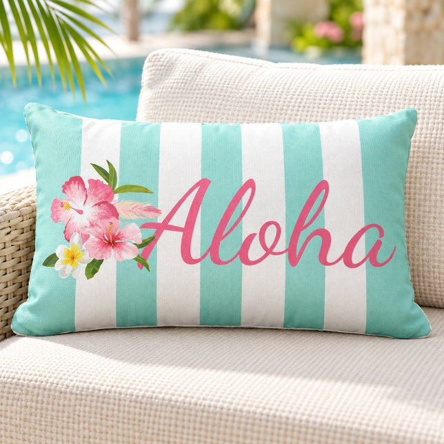 Aqua Stripe Aloha Hibiskus Tropisch Kissen Für Draußen (Von Creator hochgeladen)