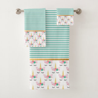AQUA STRIPE UNICORN GOLD BADEZIMMER TOWEL SET