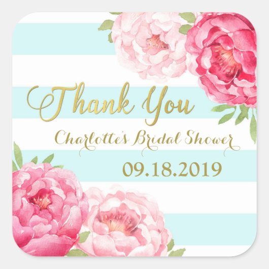 Aqua Stripes Gold Rosa Brautparty Quadratischer Aufkleber (Vorderseite)