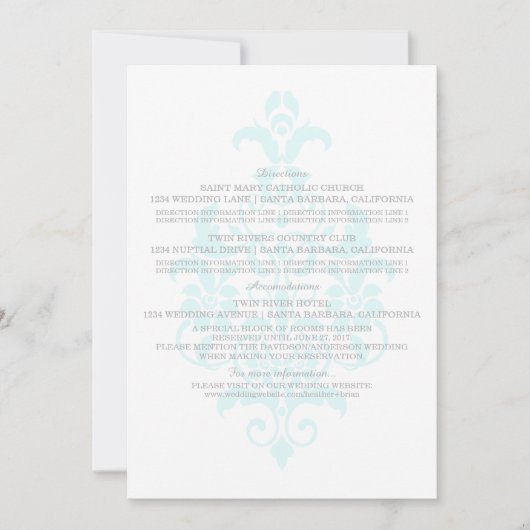 Aqua Subtle Damask Information Card Einladung (Vorderseite)
