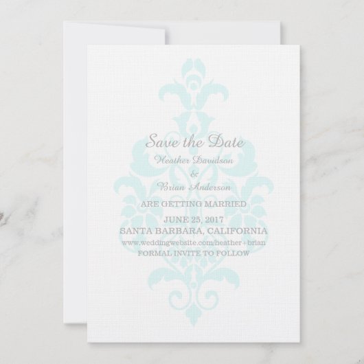 Aqua Subtle Damask Save the Date einladen Einladung (Vorderseite)