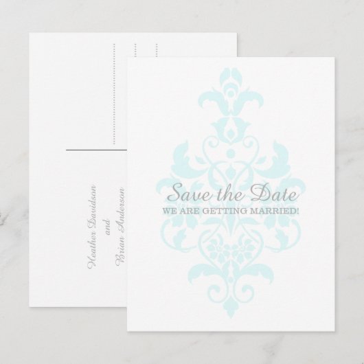 Aqua Subtle Damask Save the Date Postkarte (Vorne/Hinten)