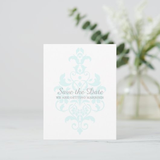 Aqua Subtle Damask Save the Date Postkarte (Stehend Vorderseite)