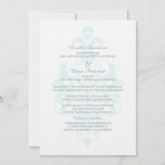 Aqua Subtle Damask Wedding Invite Einladung (Vorderseite)