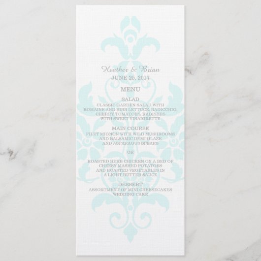 Aqua Subtle Damask Wedding Menu Menükarte (Vorderseite)