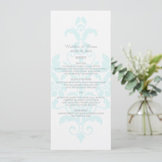 Aqua Subtle Damask Wedding Menu Menükarte (Stehend Vorderseite)
