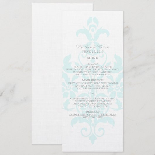 Aqua Subtle Damask Wedding Menu Menükarte (Vorne/Hinten)