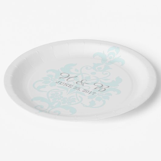 Aqua Subtle Damask Wedding Paper Teller (Schrägansicht)