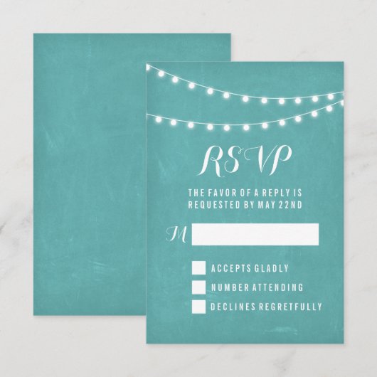 Aqua Summer String Light Wedding RSVP Karte (Vorne/Hinten)