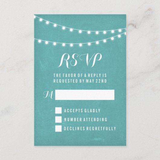 Aqua Summer String Light Wedding RSVP Karte (Vorderseite)