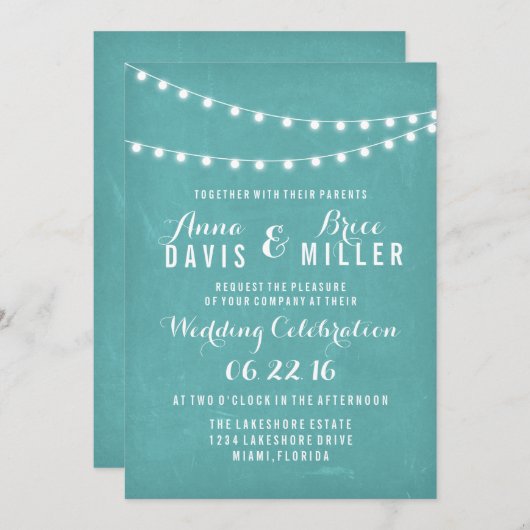 Aqua Summer String Light Wedites Einladung (Vorne/Hinten)