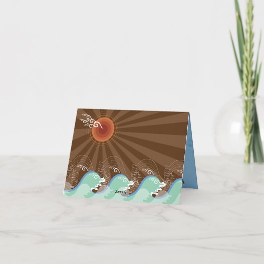 Aqua Summer Waves und Brown Sun Beach Wedding Dankeskarte (Rückseite)