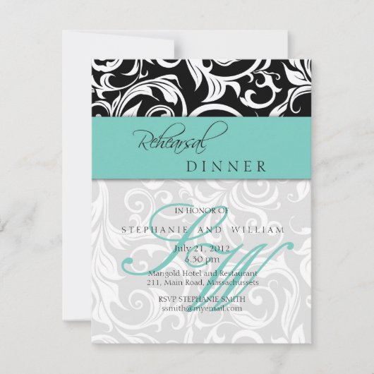 Aqua Swirl Monogram Probe Dinner Card Einladung (Vorderseite)