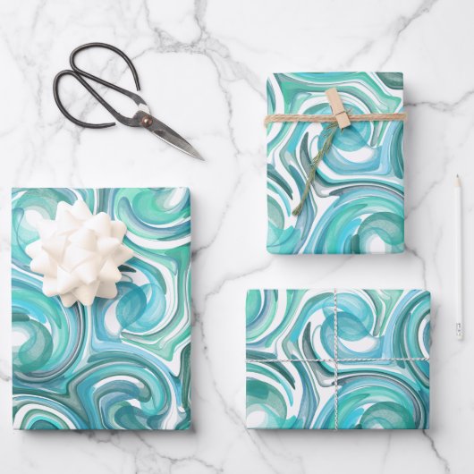 Aqua Swirl Packpapier Geschenkpapier Set (Vorderseite)